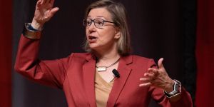 Rosalind Picard gestures with her hands during MIT talk