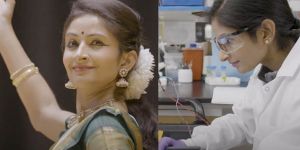 Side by side images of Shriya Srinivasan, one in dance costume, one in lab coat, from elbows up.