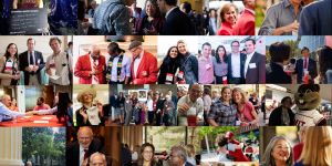 A collage of alumni images showing people smiling, talking, and posing.