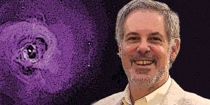 Illustrated headshot of Richard Mushotzky with purple swirling cloud of Perseus Galaxy in the background