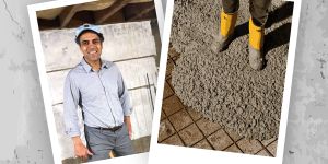 A photo illustration shows two white-bordered photos against a cement-like background. One photo is of Rouzbeh Savary. The other is of yellow boots in a pool of cement.