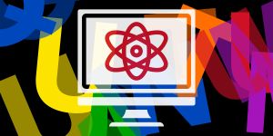 A symbol for an atom is shown in red on a white icon of a computer. The background is black with big colored letters from the word quantum randomly arranged.