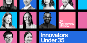 A grid of faces all MIT affiliated in blue and pink boxes with the text Innovators under 35 and MIT Technology Review