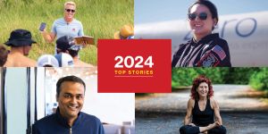 A photo grid with four images of people and a red rectangle with the words 2024 top stories in the middle