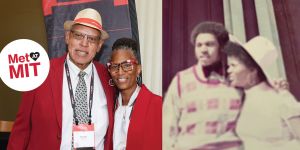 Side-by -side photos show Curtis and Beverly Morrow in red jackets with an MIT background in 2023 (left) and in a blurry 1973 photo in which Curtis wears a plaid sweater and bowtie and Beverly wears a white dress and hat. They are embracing in both images.