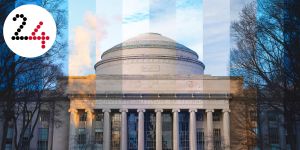 A photo of the MIT dome segmented into strips showing the lighting at different times of day from dawn at left to midday at center and dusk at right.  A 24 appears in a white circle overlay at top left.