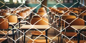A photo illustration shows rows of wooden school desks apparently viewed through chain link fencing.
