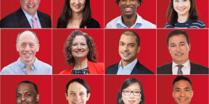 A photo of 12 faces in a grid with a red background all MIT Alumni Association board members