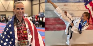 Noelle Kanaga DeLuca ’06 is shown in two side-by-side images. On the left, she is draped in an American flag and wearing multiple medals around her neck. On the right, she is performing a kick wearing karate clothes and medals.