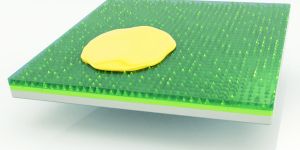 Illustration shows a yellow blob on a square green surface. The green material looks rubbery and appears to have spikes embedded in it.