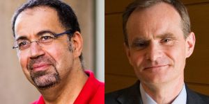 Headshots of Daron Acemoglu, left, and Simon Johnson