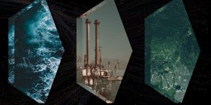 Three photos show the ocean, powerplants, and nature against a dark background.