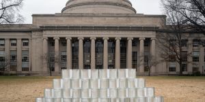 In the middle of Killian Court, a stout pyramid of the glass bricks is four layers tall, and looks about 15 feet across and four feet high.