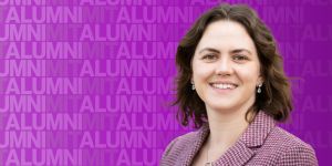 Head and shoulders portrait of Nataša Dragović silhouetted against a purple background with a pattern formed by repeating the words MIT Alumni.