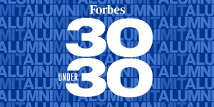 Forbes 30 Under 30 appears in white on a background of the words "MIT Alumni" in shades of blue. 