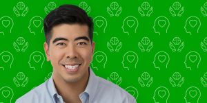 Joshua Li is silhouetted on a bright green background illustrated with outlines of heads with heart shapes inside and line drawings of hands surrounding ones of brains.