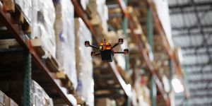 A drone flying in a warehouse