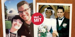 A photo collage with two images and a graphic that says Met @ MIT in the middle, image on the left is a couple taking a selfie outside with a building with columns behind and on the right a couple in a suit and wedding in a church