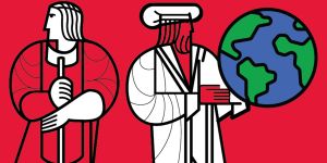 Illustration featuring two figures in robes. One holds a hammer and the other a globe.