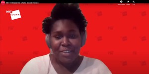 YouTube screenshot: Kristina Hill wearing headphones against red MIT Alumni Zoom background