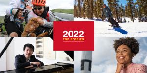 Four photos pieced together with a red rectangle in the middle, clockwise from bottom left: Sitan Chen resting on a piano, Debra Meyerson and Steve Zuckerman on their bike saying hi to their dog, Dick Shulze snowboarding, and Tiera Fletcher outside with a rocket to her left