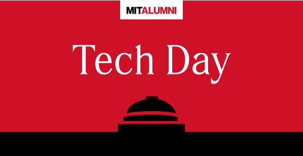 MIT Tech Day text on a red background with an outline of the dome in black. 