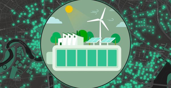 Graphic of a green building with wind power, trees, and sunlight in the background, on a satellite map