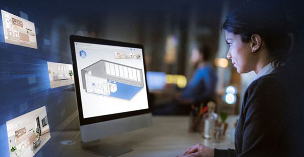 A woman looks at a rendering of a room on her laptop, with other screens showing room views floating around the laptop.