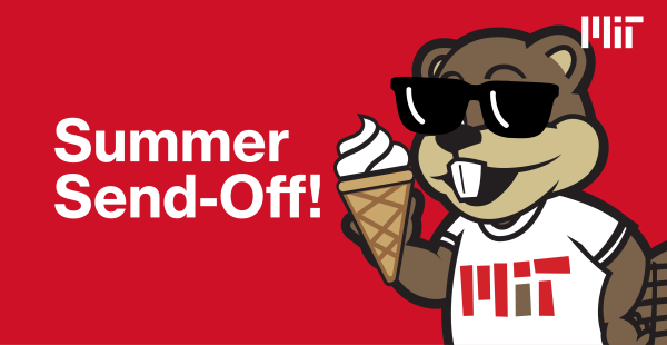 Summer Send Off with Tim the Beaver cartoon with sunglasses and an ice cream cone.