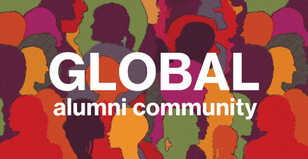 White text reading Global alumni community on a multi-colored background.