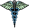 the medical caduceus symbol, two snakes wound around a
staff with a round ball on top and two wings behind.