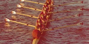 An 8-person shell on the water is shown from above with 8 women rowers and a cox